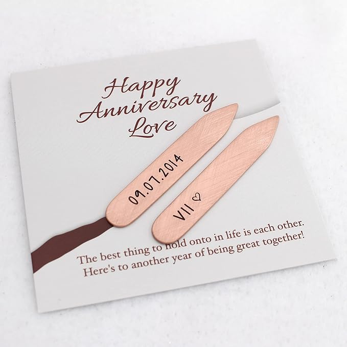 Personalized Copper Collar Stays - Custom 7th Anniversary Valentine's Day Gift for Him - 2.25 Inches