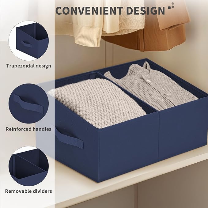 DIMJ Large Closet Shelf Organizer Bins 6 Packs with Handles and Divider, Fabric Trapezoid Storage Baskets, Foldable Clothes Containers Box for Shelf, Towel, Book, Toy, Purse, Hats, Navy Blue