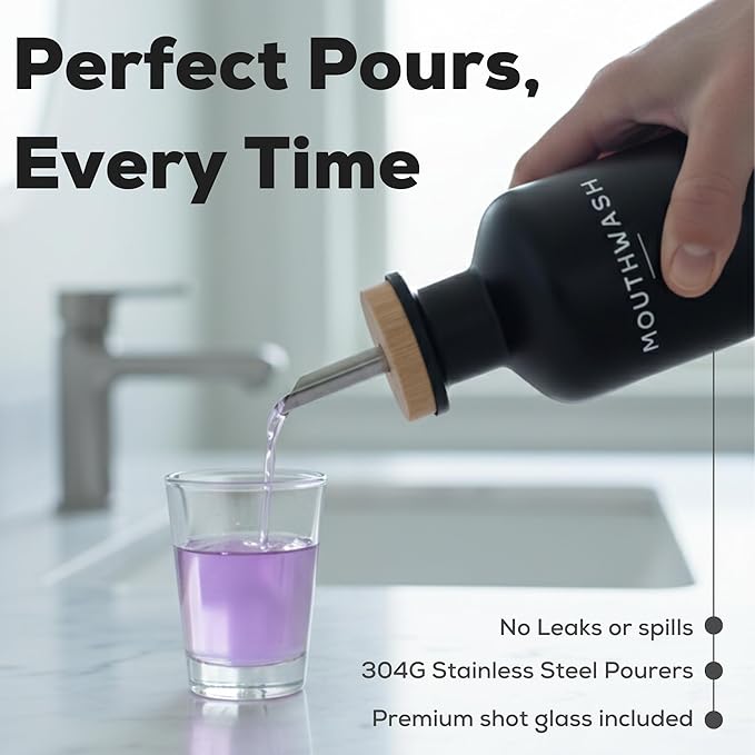 Black Glass Mouthwash Dispenser for Bathroom by Brighter Barns - Mouth Wash Dispensers for Bathroom Sink- Boho Mouthwash Container - Modern Bathroom Decor for Airbnb, Gym, Dental Office, Gift (Black)