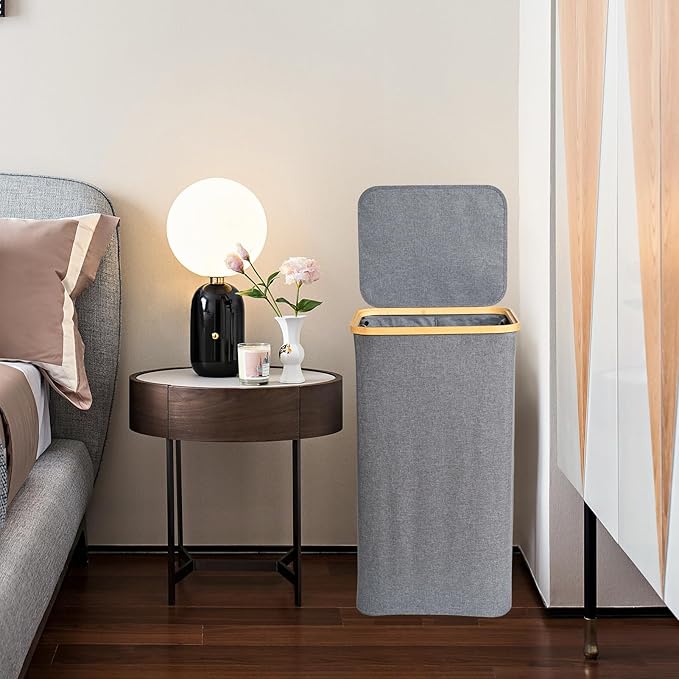 160L Foldable Laundry Baskest with Lid, 3 Section Extra-large Laundry Hamper with Removable Bags and Bamboo Handles for Bathroom, Bedroom & Laundry Room, Grey