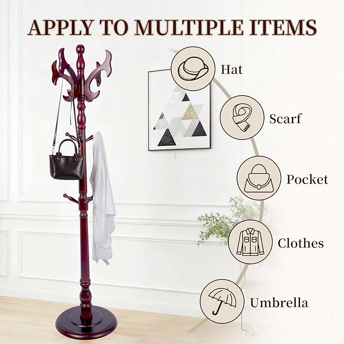 Wooden Coat Rack Freestanding, Creative Antler Hooks, Coat Hanger Stand 14 Hooks, Coat Tree Adjustable Height 73", Round Base, Coat Racks free standing for Entryway Hallway, Porch, Bedroom