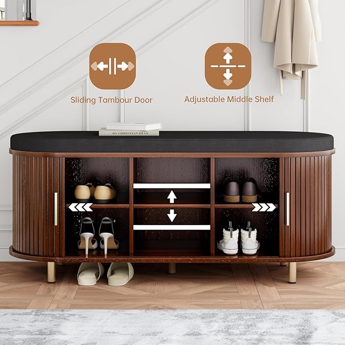 Entryway Bench with Storage: 43.31" Wooden Bedroom Shoe Bench with Thickened Padded Seat Cushion, Mid Century Modern Fluted Sliding Door and Adjustable Shelf, for Entryway, Living Room