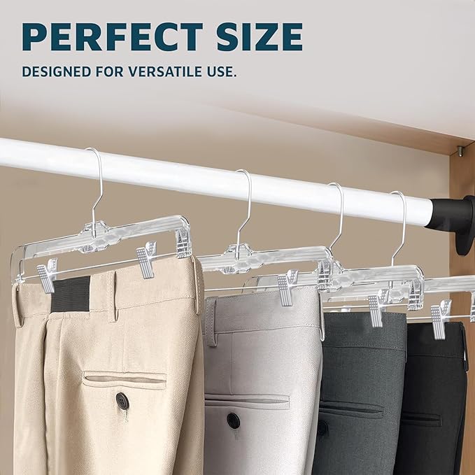 Lifemaster Clear Plastic Hangers - 30 Pieces 14 Inches Anti-Slip Space-Saving, Closet Organization Solution - Pants, Trousers, Skirts, Jeans Hangers with 360° Swivel Hook and Adjustable Clips - Clear
