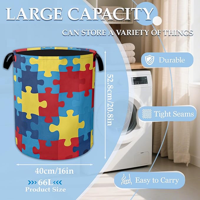 Colorful Puzzle Laundry Basket Collapsible Laundry Hamper Oxford Clothes Toy Storage Bin for Bathroom Bedroom Room Decor 16 X 20.8 Inch
