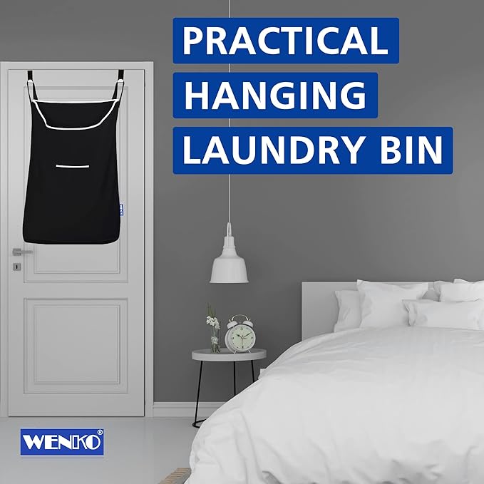 WENKO Laundry Hamper Bag Hanging, Over The Door Basket with Hooks, for Bathroom, Closet, Space Saving Storage, Wall mounted 3.94 x 20.47 x 31.89 in, Black