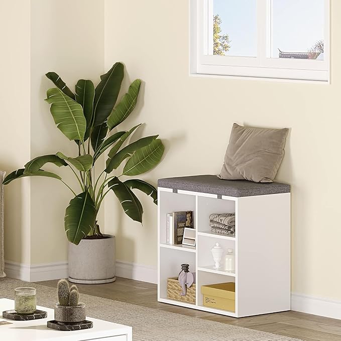 IDEALHOUSE Shoe Storage Bench with Cushion for Entryway, 20" Storage Rack Bench with Padded Seat, Cubby Seat Shoe Cabinet with 3-Tier Adjustable Shelf for Living Room Hallway, White