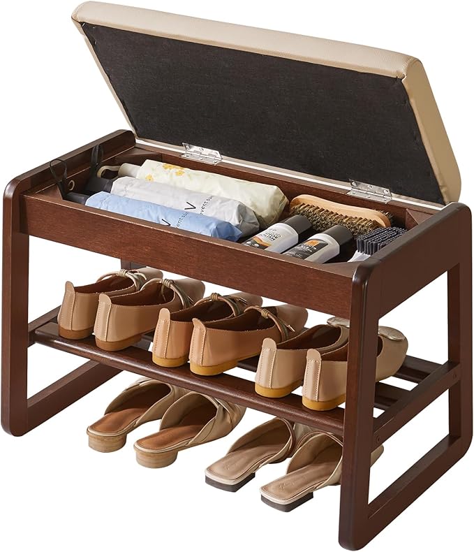 Shoe Rack Bench with Cushion, 2 Tiers Wood Shoe Bench with Flip-Top Storage, 23.62in Shoe Rack for Entryway, Hallway, Walnut Color YD-WD060B