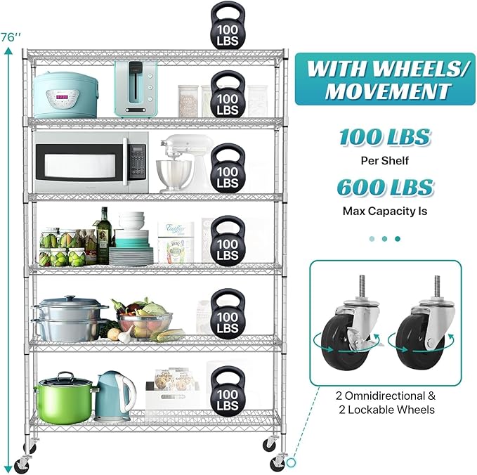 6-Tier Heavy Duty Wire Shelving Unit with Wheels or Leveling Feet, 6000 LBS Total Capacity, Adjustable Metal Storage Rack for Garage, Pantry, Kitchen, Basement, 48" W x 18" D x 76" H, Chrome