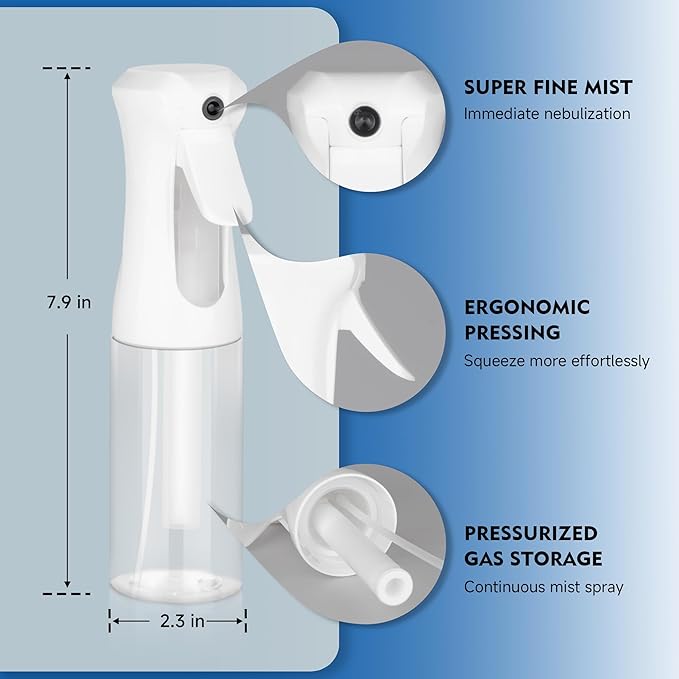 Continuous Spray Bottle for Hair, 2Pack White 6.8oz Mister Spray Bottle, Hair Spray Bottles for Hairstyling, Cleaning, Plants, Pets, Salons & More