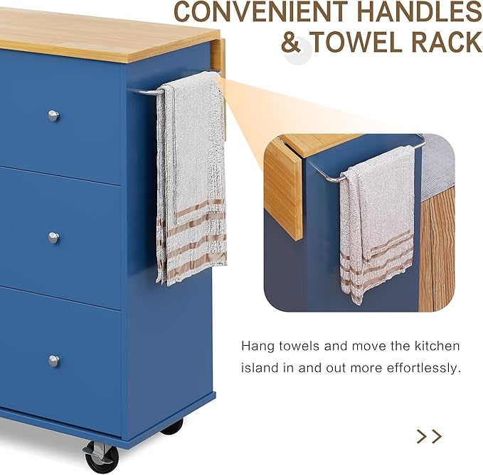 SUNLEI Kitchen Island on Wheels with Storage Cabinet & Foldable Drop Leaf, Rolling Kitchen Table, Cart Handle for Towel Rack, Drop Leaf, Portable Islands for Kitchen (Classic Blue, 39.7-INCH)