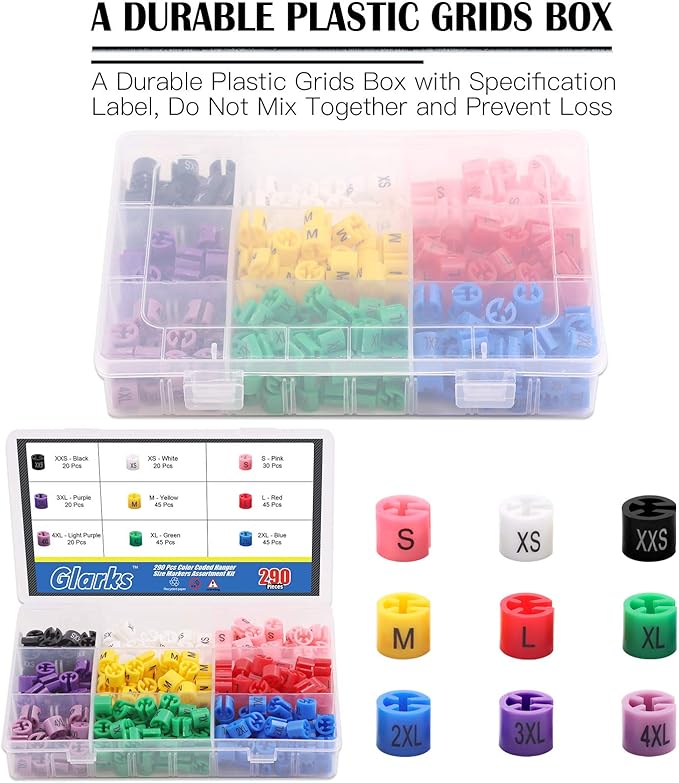 Glarks 290Pcs 9 Colors『XXS - 4XL』Colored Hanger Sizer Garment Size Markers Color Coded Size Clips Assortment Set Fit for 2-4mm Hanger Hook Used for Wire Hangers