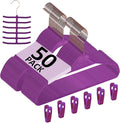 VECELO Premium Velvet Suit Hangers Heavy Duty (50 Pack) - Non Slip & Space-Saving Clothes Hangers with 6 Finger Clips and Tie Rack Excellent for Men and Women (Purple)