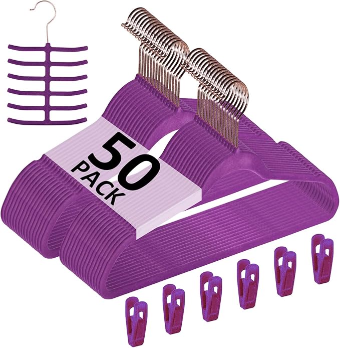 VECELO Premium Velvet Suit Hangers Heavy Duty (50 Pack) - Non Slip & Space-Saving Clothes Hangers with 6 Finger Clips and Tie Rack Excellent for Men and Women (Purple)