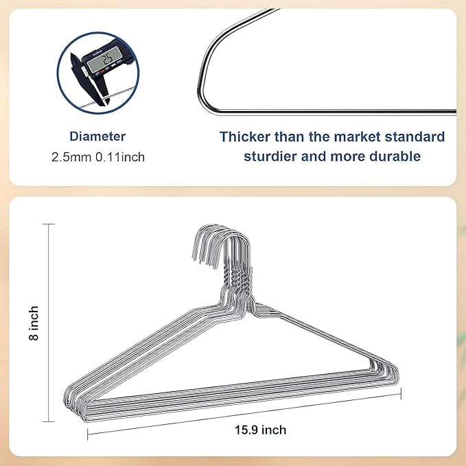 SPECILITE Wire Metal Clothes Hangers Bulk 50 Pack for Standard Size Suits, Coats, Shirts, Pants, Skirts, Space Saving, Non Slip,16 Inch 12 Gauge Ultra Thin, Silver