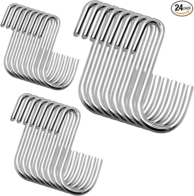 YourGift 24 Pack Heavy Duty S Hooks Silver S Shaped Hooks Hanging Hangers Hooks for Kitchen, Bathroom, Bedroom and Office(24 Pack/Silver/Small+Medium+Large)
