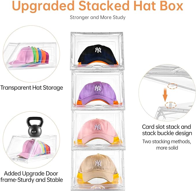 2 Pack Hat Organizer for Baseball Caps,Large Clear Cap Organizer with Drawer,Hats Holder Box for Closet with Sliding Tray,Stackable Hat Rack Display Case,Multi-use Hat Case for Caps,Each Holds 12 Hats