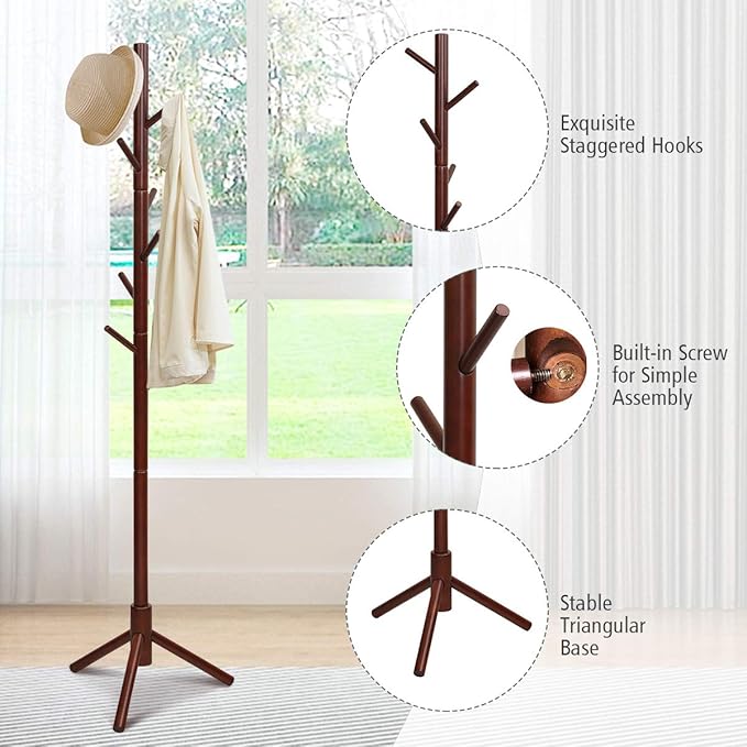 Tangkula Coat Rack Freestanding, Rubber Wood Coat Stand with 8 Hooks, Height Adjustable Entryway Coat Tree Coat Hanger Stand for Home Office Hall Entryway