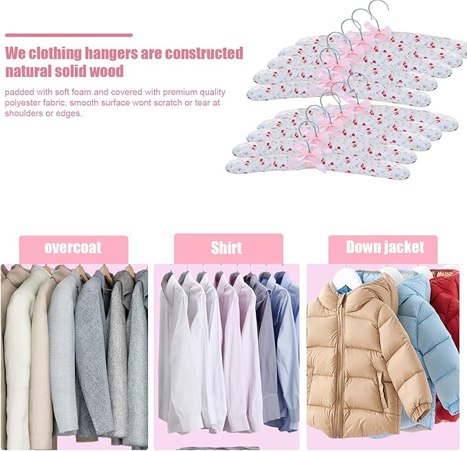 Padded Coat Hangers Padded Hangers Flower Satin Padded Clothes Hangers Soft Sweater Hangers Padded Hangers for Clothes Shirt Blouse Lingerie 10PCS, 15 inch.