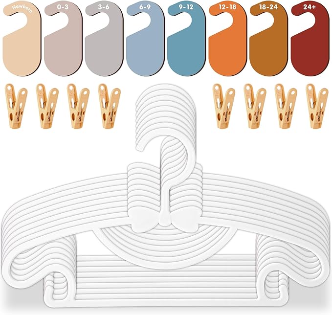 20 Pack Baby Clothes Hangers with 8Pcs Baby Closet Dividers and 8Pcs Clips, Non-Slip Toddler Clothing Hanger with Dividers for Sorting, Nursery Closet Organizer for Newborn Kids Boys Girls (Boho)