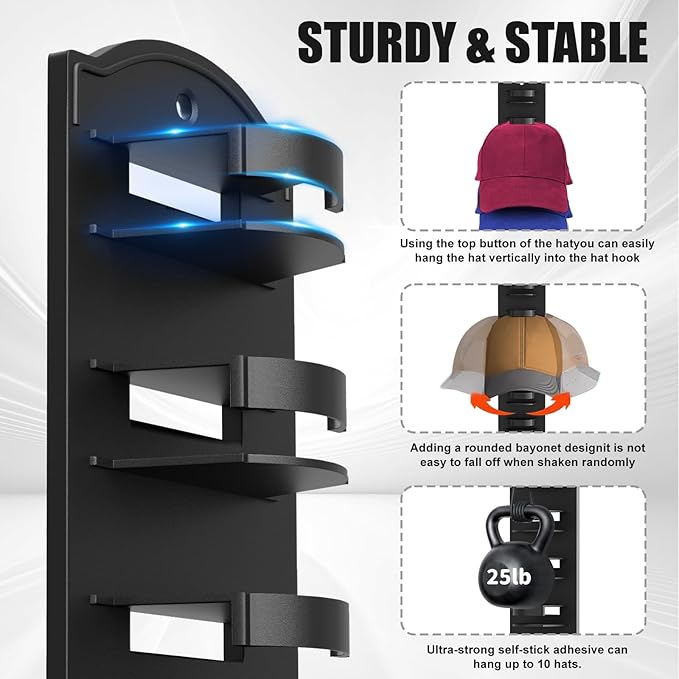 Hat Rack for Baseball Caps on the Wall, Adhesive Hat Storage Organizer, Ball Cap Hooks Display, Vertical Hat Hanger Holder for Door and Closet, Hold Up to 20 Hats, Black, 2 Pack