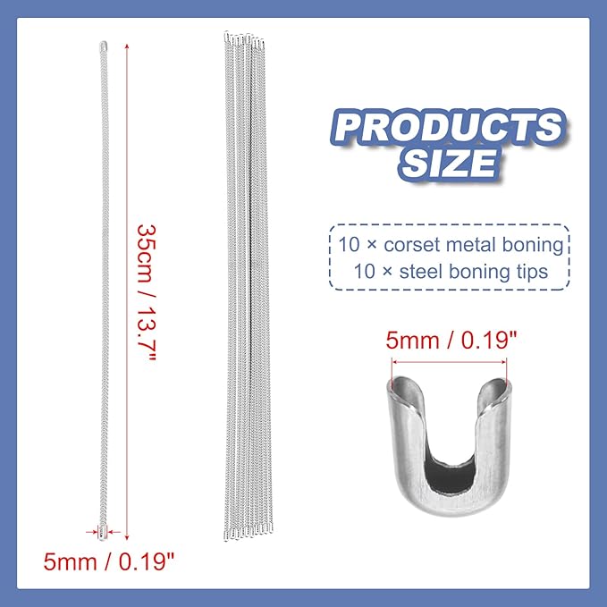 PATIKIL 10 Pcs 13.7 Inch 304 Stainless Steel Metal Steel Spiral Corset Boning, Metal Boning with 10pcs 5mm Boning Tips for Sewing Corset, Making Costume,Hoop Skirt, Collar (5mm Wide)