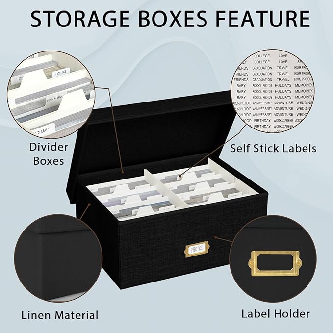 Decorative Photo Storage Box - Linen Photo Box Organizer with Dividers, Fits Holds Up to 1700 Pictures and 5x7 Photos, Memory Keepsake Organizer for Photos, Scrapbook Supplies, Cards, Stamps (Black)