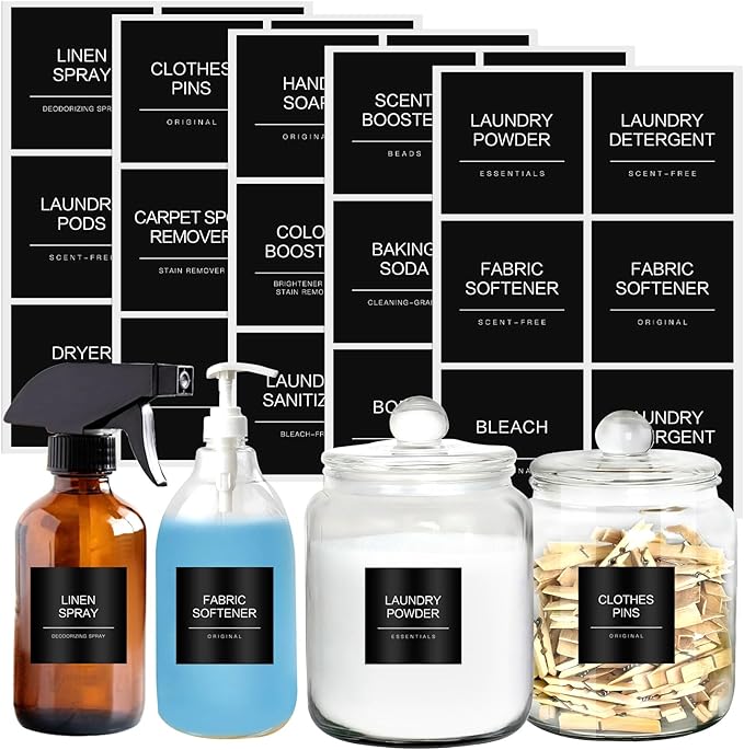Minimalist Laundry Room Labels，30 Matte Waterproof Labels for Jars Spray Bottles and Detergent Dispensers, Preprinted Laundry Room Organization Labels Set(Black), Large, TCD-87