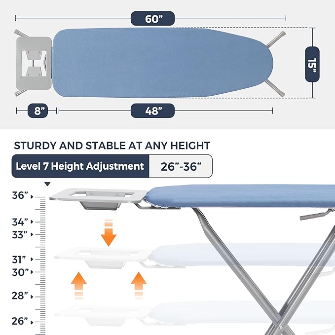 STO STO Ironing Board 48" x 15" with Iron Holder, Adjustable Height 26" to 36", Full Size Foldable Iron Board with Silver Coated Cotton Removable Cover, Sturdy Steel Frame and Legs, Blue