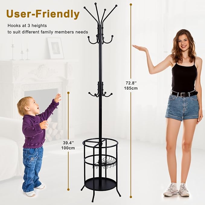 Freestanding Coat Rack with Umbrella Stand,Metal Coat Tree with 12 Hooks, Black Modern Coat Rack Stand,Coat Purse Hat Rack Umbrella Stand for Entryway, Living Room, Bedroom, Office