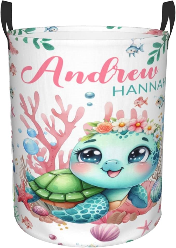 Personalized Ocean Turtle Laundry Basket For Baby Kids Boys Girls Adult Custom Hamper Basket With Name For Bathroom Bedrooms Collapsible Baby Laundry Basket, Dirty Clothes Hamper With Handles