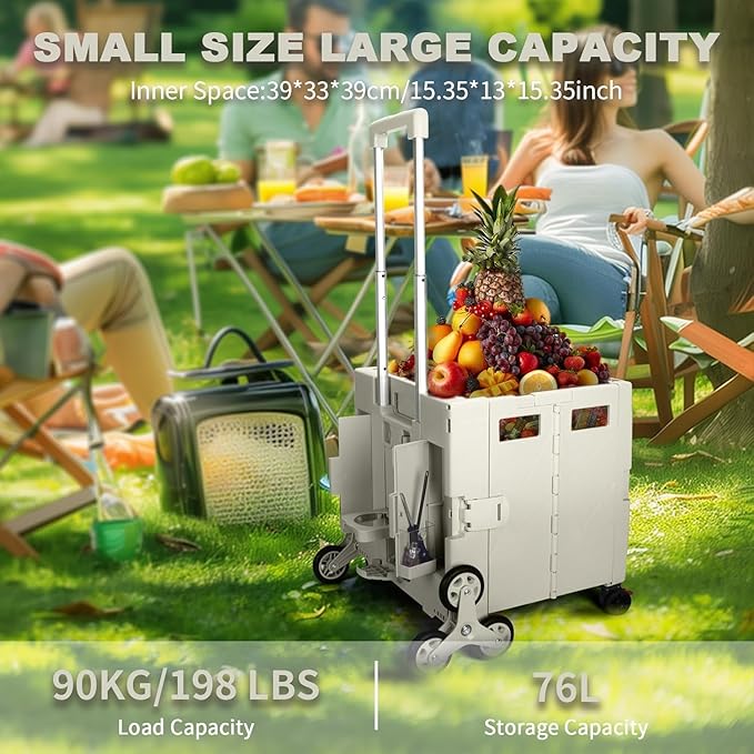 FELICON Folding Climber Utility Cart Rolling Crate Tote on Rotate Wheels with Adjustable Handle Hidden Lid Cup Holder Storage Toolbox for Teacher Office File Move Shop Travel Laundry Grocery(Beige)