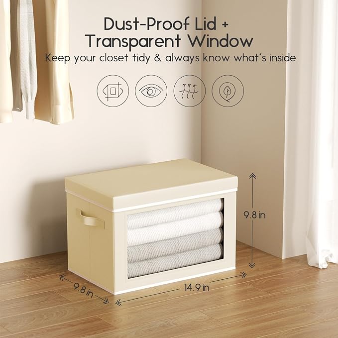 Collapsible Storage Bins with Lids - Stackable Storage Containers with Window, 3 Pack Fabric Organizing Bins for Closet, Home & Office Organization Baskets, Beige, 14.9" x 9.8" x 9.8"