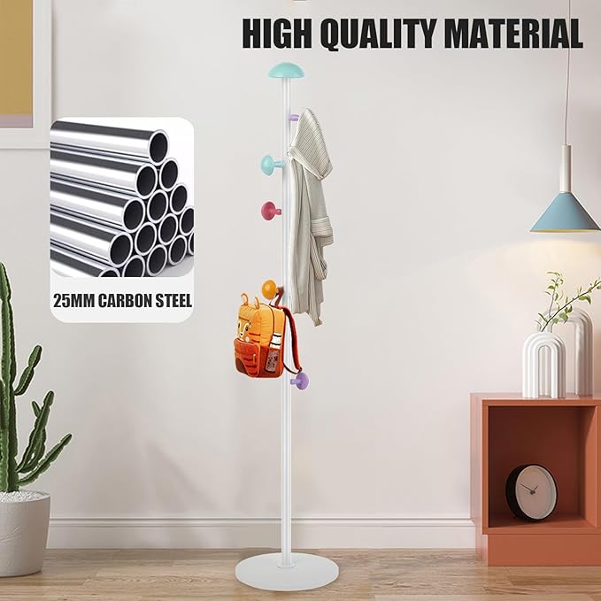 Mushroom Coat Rack, Metal Coat Tree Stand with 7 Hooks and 2 Adjustable Height, Coat Rack Freestanding, Easy to Assemble Coat Tree Stand Clothes Hanger for Entryway, Hallway, Bedroom, White