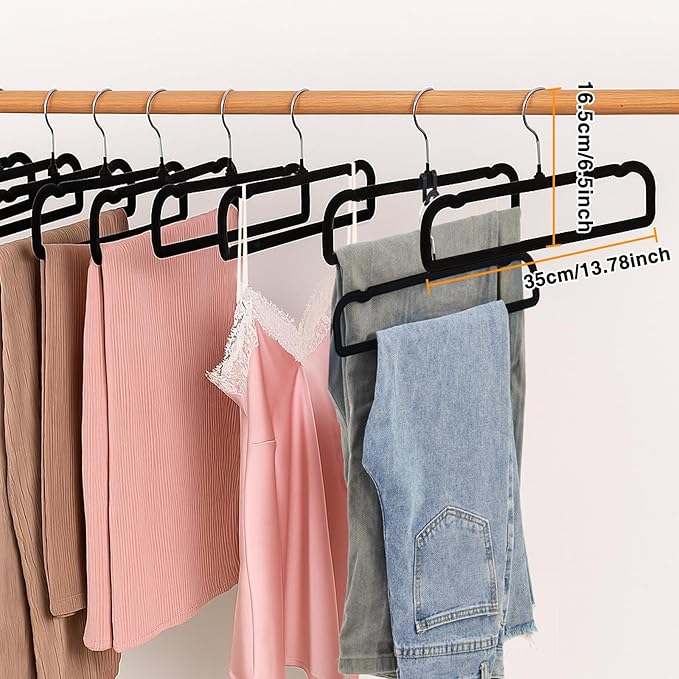 60sets/120pcs Velvet Pants Hangers Non Slip Black Felt Hangers with 60 Cascading Hooks, Space Saving 360 Degree Swivel Hook Closet Organizer for Jeans, Trousers, Leggings, Tank Top, Shorts and Skirts