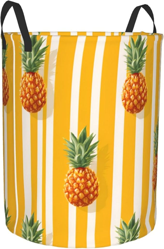 Tropical Pineapple Pattern with Yellow Stripes, Polyester Storage Basket, For Bathroom/Laundry Storage/Bedroom 19.6x15.7 Inch