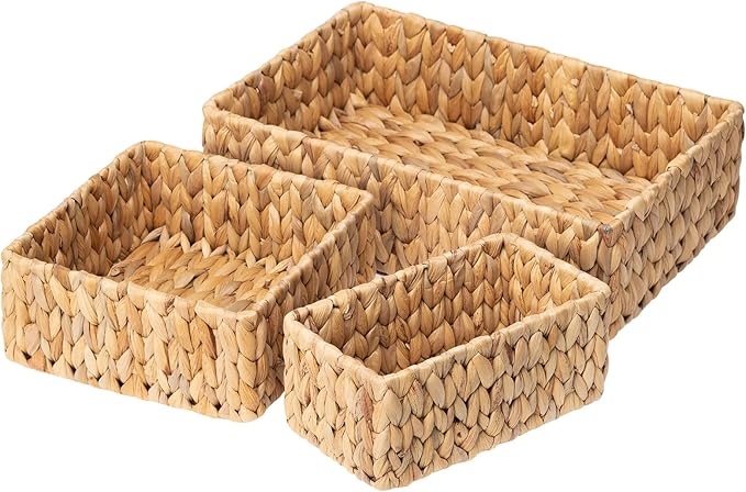FairyHaus Wicker Baskets for Organizing 3Pack, Large and Small Wicker Storage Baskets Set, Hand Woven Baskets for Storage, Natural Water Hyacinth Storage Baskets for Pantry Shelf