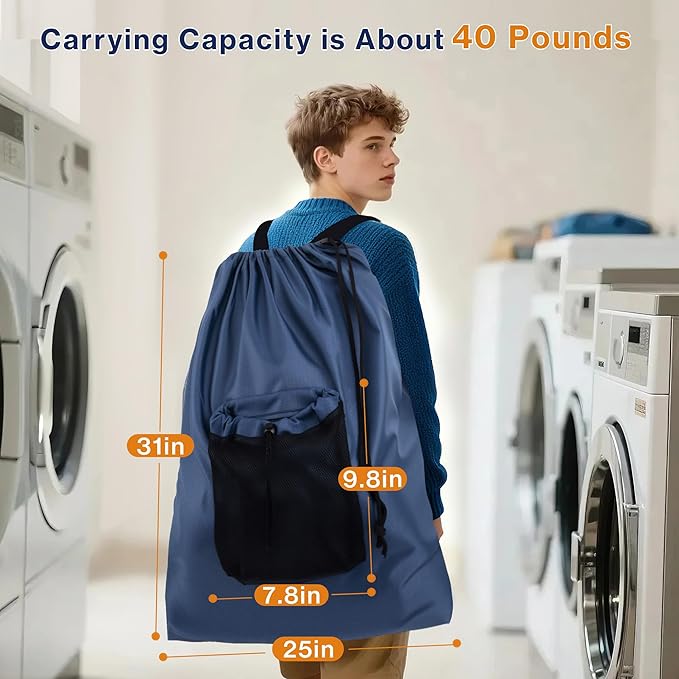 2-Pack Backpack Laundry Bags, Heavy Duty Laundry Bag Backpacks with Adjustable Shoulder Straps, Door Hanging Washing Bag, Laundry Hamper Lining for College Dorm, Travel, Laundromat