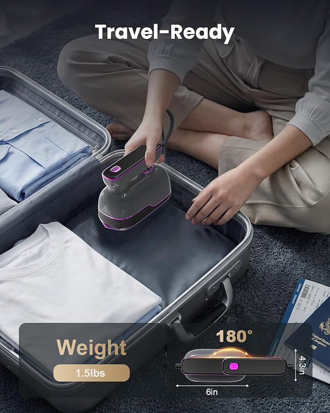 Travel Steamer Iron for Clothes, Portable Handheld Garment Steamer with 6 Smart Modes, Strong Penetrating Steam, 180° Rotatable Handle, 150ml Large Tank for Home & Travel (Gray)