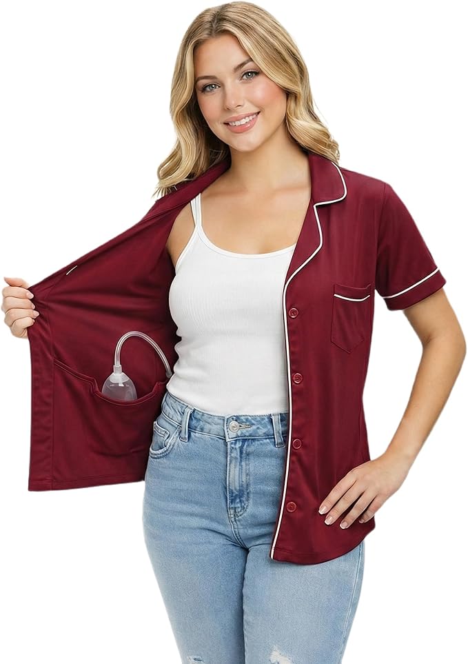 USBD Post Mastectomy Shirt with Drain Pockets Lapel Collar Post Op Button Down Recovery Tops