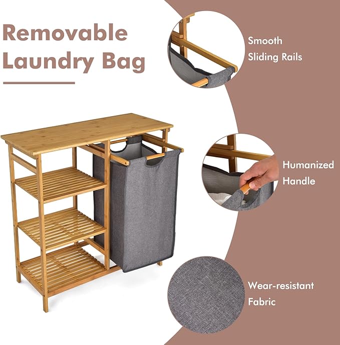 Giantex Bamboo Laundry Hamper Stand, Freestanding Laundry Organizer w/Removable Sliding Bag & 3-Tier Open Shelves, Multipurpose Utility Storage Cabinet for Bathroom, Living Room, Bedroom, Natural