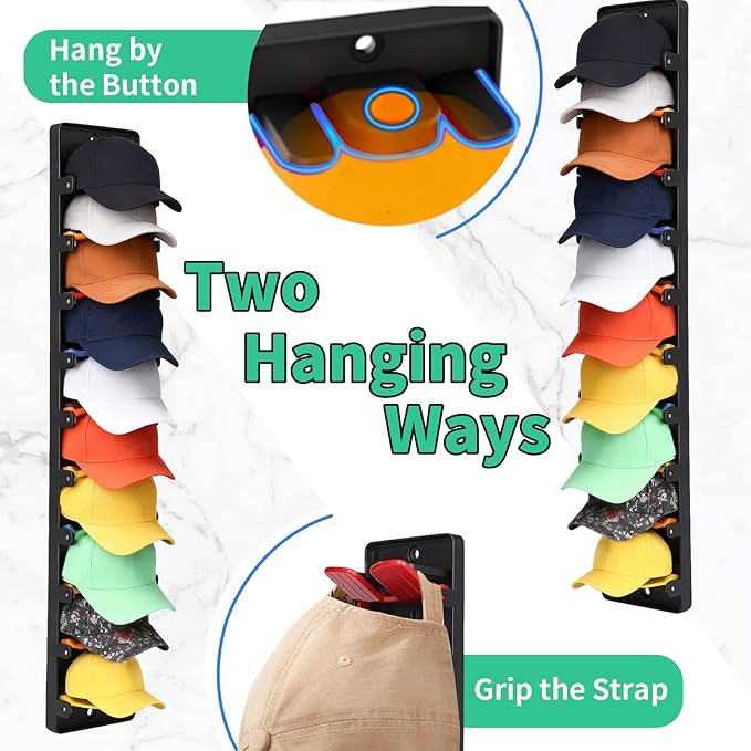 2-Pack Wall Hat Rack, No Drill Damage-Free Organizer with Spring-Loaded Clips, Strong Adhesive & Screw Installation, Easy to Install Space-Saving Holder for Door Closet Entryway, Holds 20 Hats Tidy
