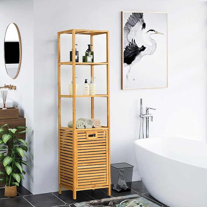Byroce Bamboo Tilt Out Laundry Hamper with Shelves, 4-Tier Storage Shelf with Removable Laundry Basket & Handle, Tower Hamper Cabinet Organizer for Bathroom, Bedroom, Laundry Room, Living Room