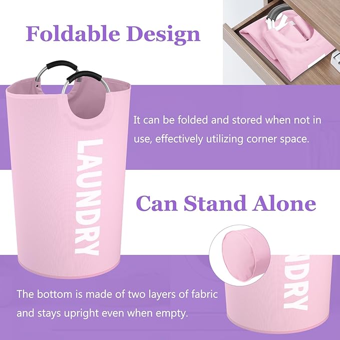 125L Pink Laundry Basket, Extra Large Clothes Basket with Handles, Waterproof Dirty Clothes Hamper, Collapsible Laundry Bin Stand Upright, Sturdy Storage Basket for Bathroom, Flat, Pink