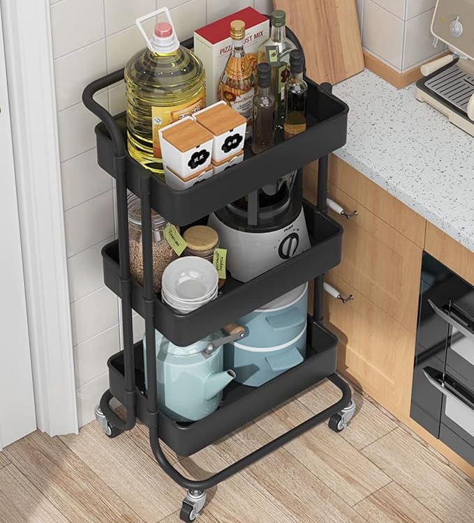 Sooyee 3 Tier Utility Cart,Rolling Cart with Handle and Lockable Wheels, Multi-Functional Storage Cart for Office, School,Living Room, Kitchen, Bathroom, Bedroom,Laundry,Black