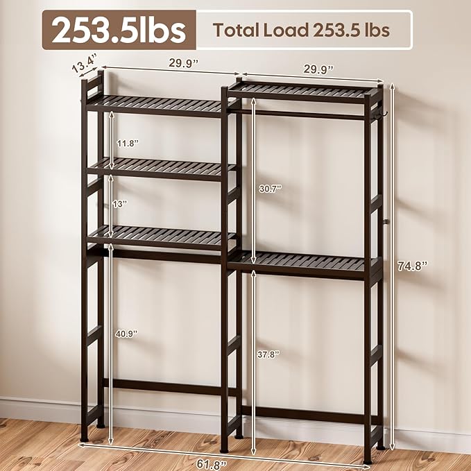 Over The Washer and Dryer Storage Shelf Bamboo,5 Tiers Laundry Room Drying Rack with Adjustable Shelves and 4 Hooks,Space Saver Organizer for Hanging Clothes and Towels (Brown)