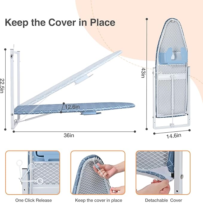 KINGBOARD Wall Mounted Ironing Board with Iron Holder, Compact Ironing Board for Small Spaces, Foldable Iron Stand Heat Resistant Cover, 36" X 12" Deep Blue