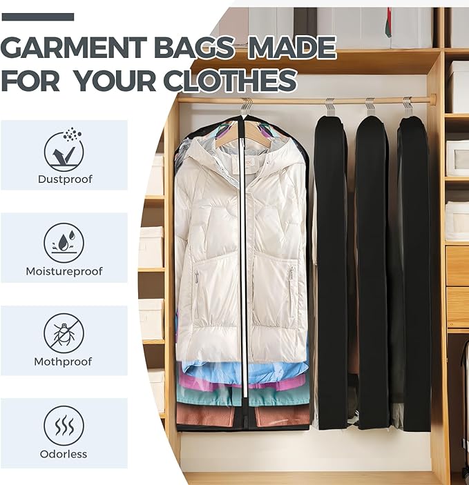 4 pack 60" Clear Garment Bags for Hanging Clothes, Suit Bags for Closet Storage, Clothing Storage, Garment Bags for Travel Covers with 4" Gussets for Coats, Jackets, Shirts, Dresses & Sweater, Black
