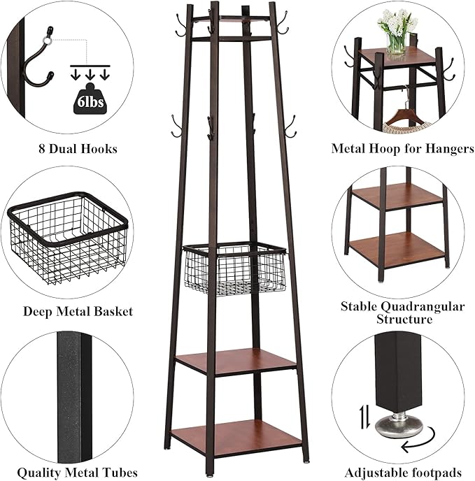 VECELO Coat Rack Freestanding, Entryway Hanger Stand, Umbrella Holder