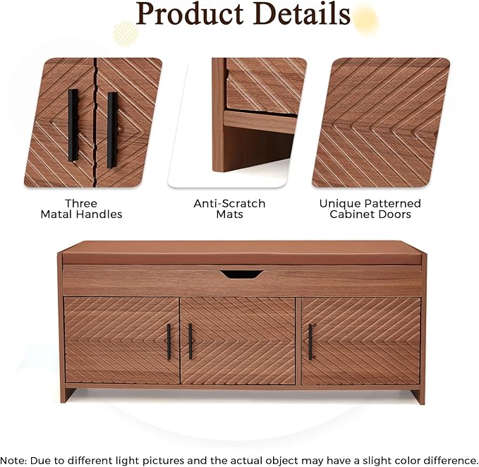 ECOTOUGE Storage Bench, Shoe Bench with Lift Top Storage, Wooden Entryway Bench with Cushioned Seat, Adjustable Shelf for Living Room, Bedroom, Hallway, Brown