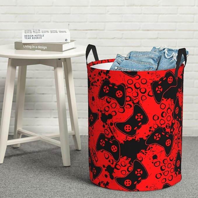 Game Joysticks Red Background Round Laundry Hamper Storage Basket Toys Clothes Organizer Bin For Home Bathroom Bedroom Dorm Nursery, 38l